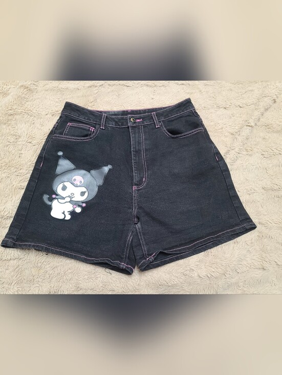 Sanrio Pants - Cute Sanrio Kuromi Black Denim Shorts with Pink Stitchingt , Hot Topic, Size 11